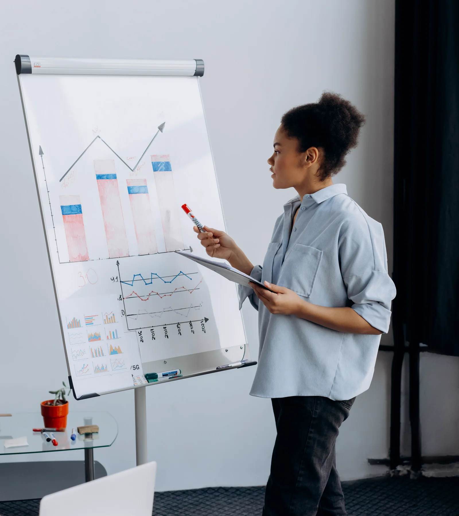 An African business professional presenting data in a meeting room
