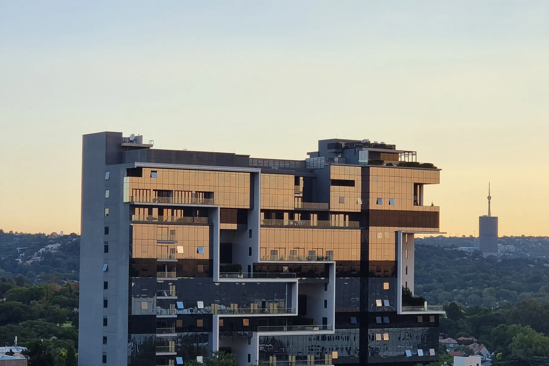 A modern Johannesburg building at sunset
